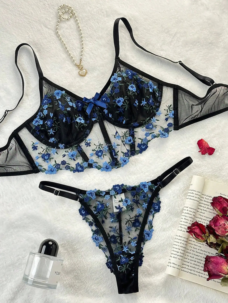 Black Floral Embroidery Sexy Lingerie Set