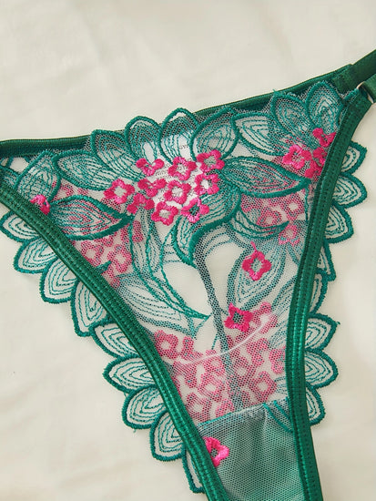 Floral Embroidery Mesh Green Underwear