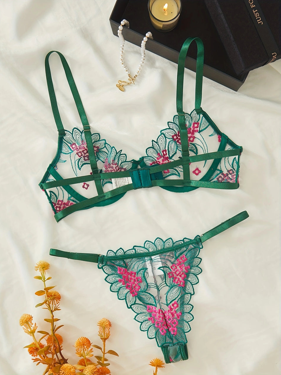 Floral Embroidery Mesh Lingerie Set