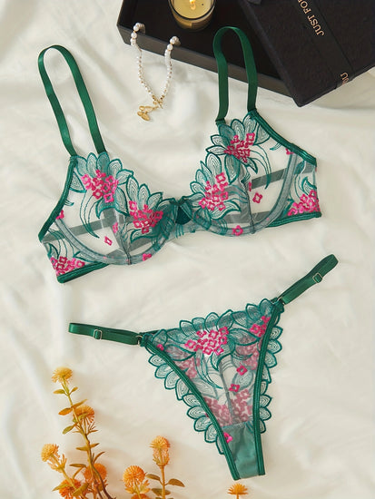 Floral Embroidery Mesh Lingerie Set Green