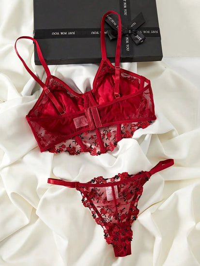 Floral Embroidery Red Lingerie Set