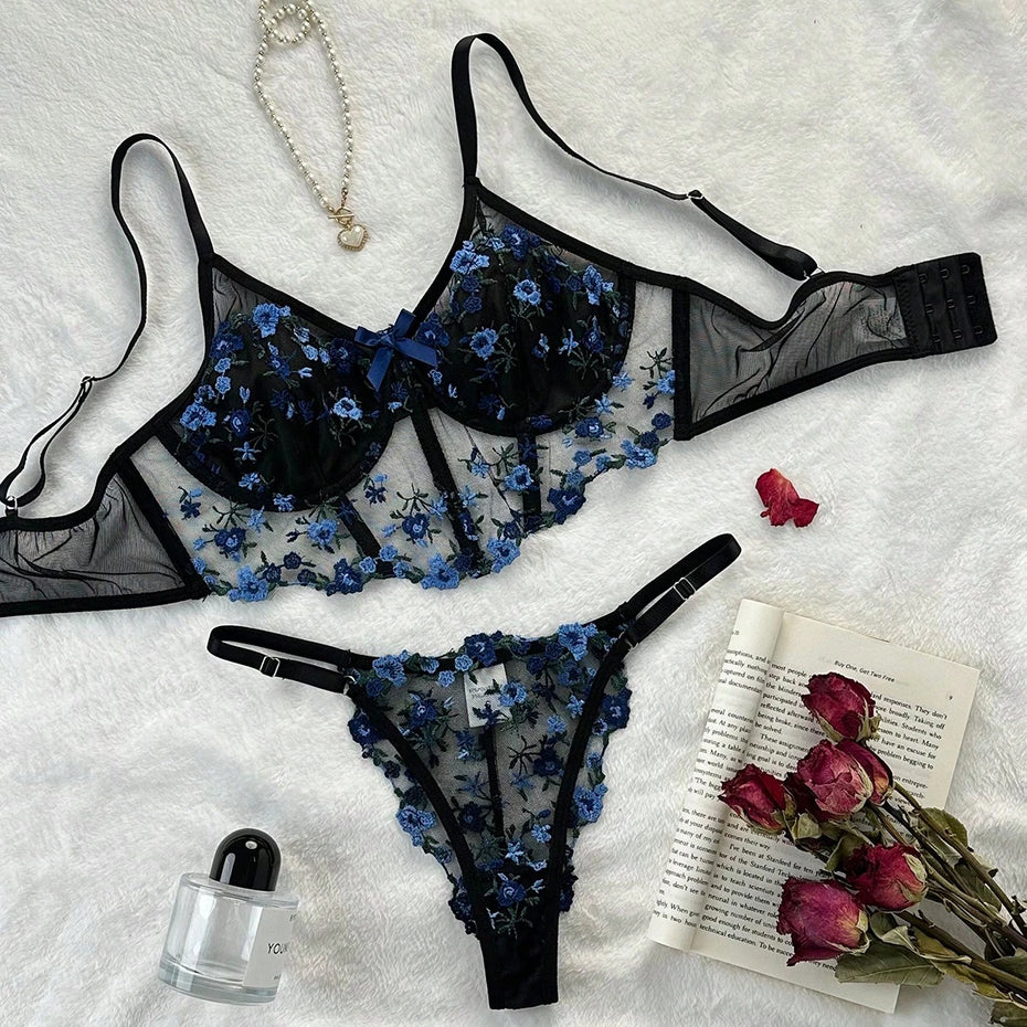 Floral Embroidery Sexy Lingerie Set Black