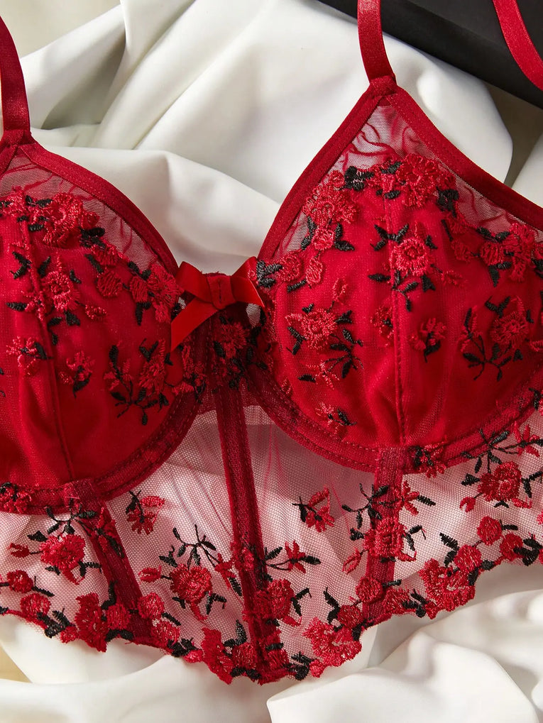 Floral Embroidery Sexy Lingerie Set Top