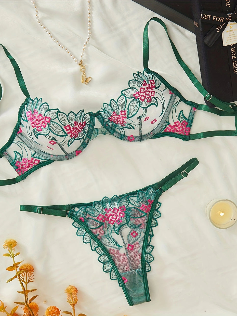 Green Floral Embroidery Mesh Lingerie Set