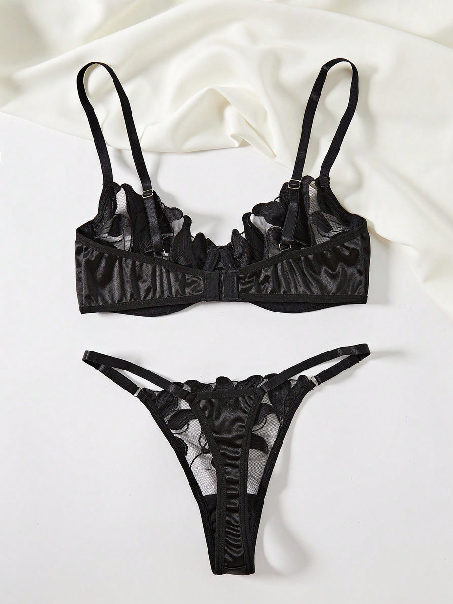 Satin and Lace Floral Embroidery Lingerie Set